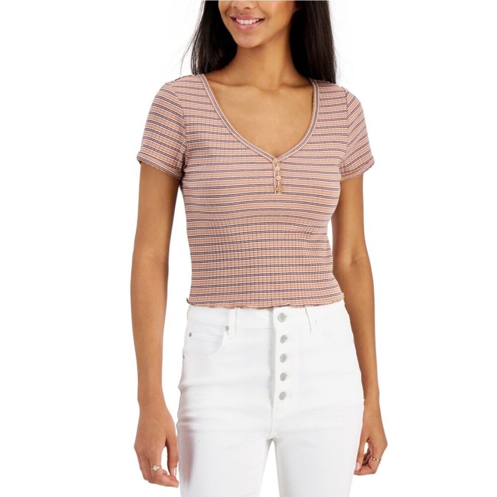 Hippie Rose Juniors Ribbed Henley Top Short sleeve Button Brown V Neck Sz XS New